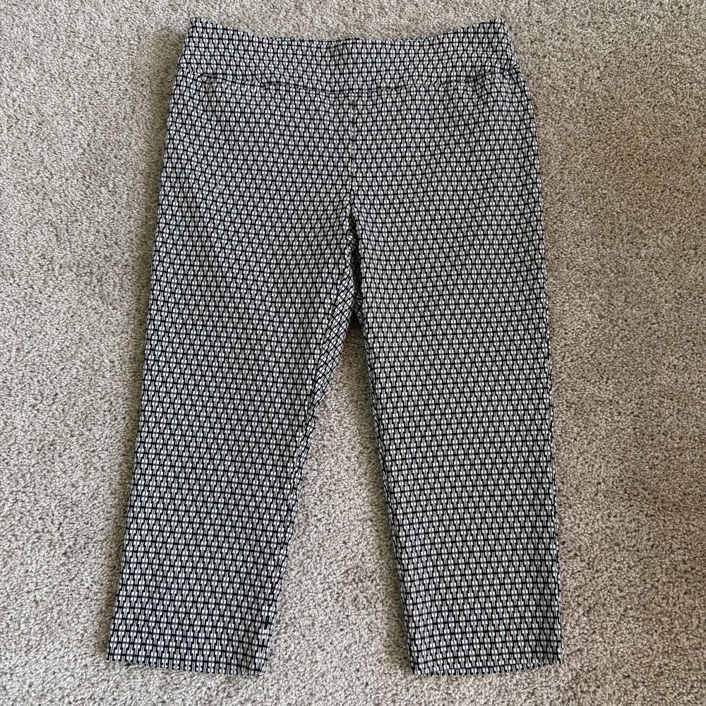 Alfani Capri Pants Womens 14P Black Geometric Knit Slim Stretch Elastic Waist